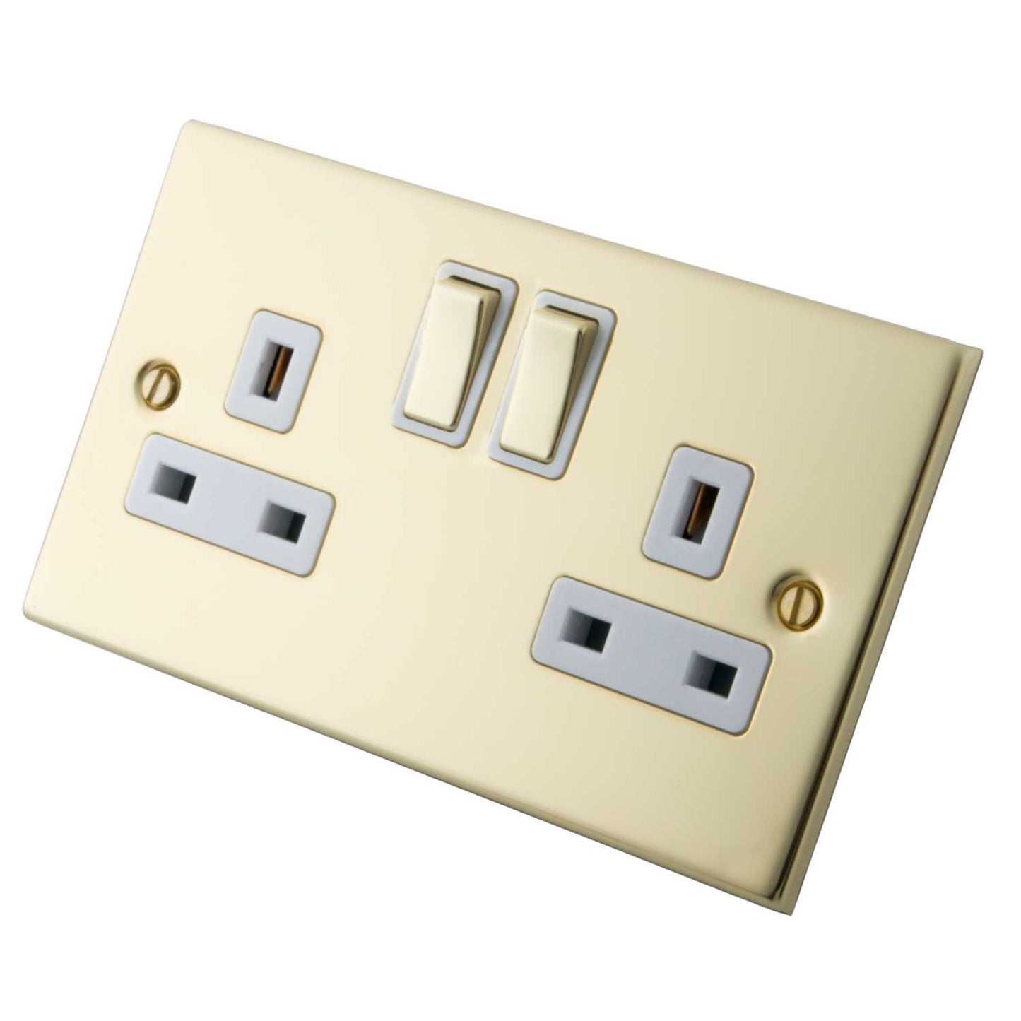 M2 Decorative 13A 2 Gang Double Switched Socket White Insert Polished Brass