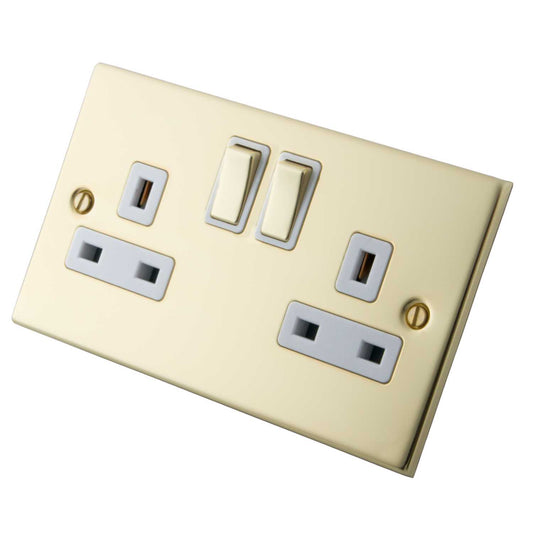 M2 Decorative 13A 2 Gang Double Switched Socket White Insert Polished Brass