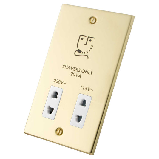 M2 Decorative Dual Voltage Shaver Socket White Insert Polished Brass