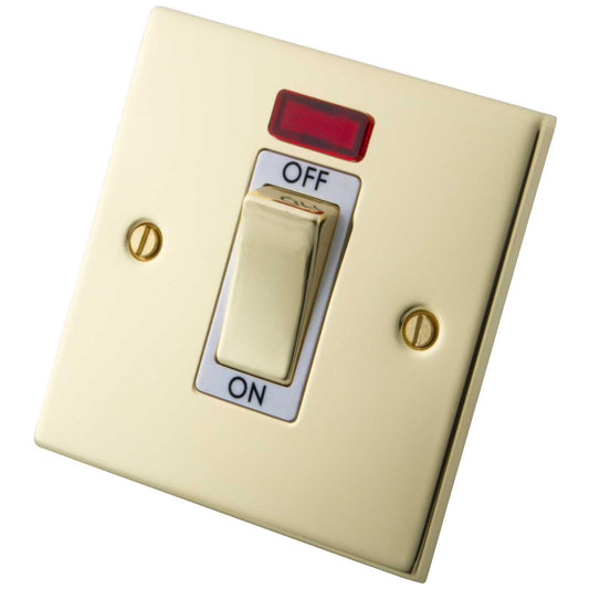M2 Decorative 45A DP 1 Gang Switch With Neon Indicator White Insert Polished Brass