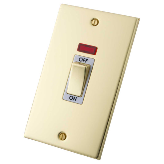 M2 Decorative 45A DP 2 Gang Vertical Switch With Neon Indicator White Insert Polished Brass