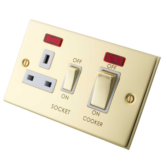 M2 Decorative 45A Cooker Control Unit With Neon Indicator White Insert Polished Brass