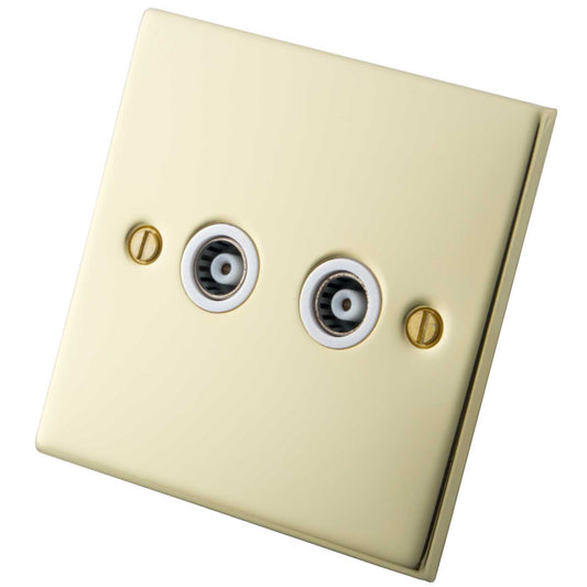 M2 Decorative 2 Gang Coaxial Socket White Insert Polished Brass