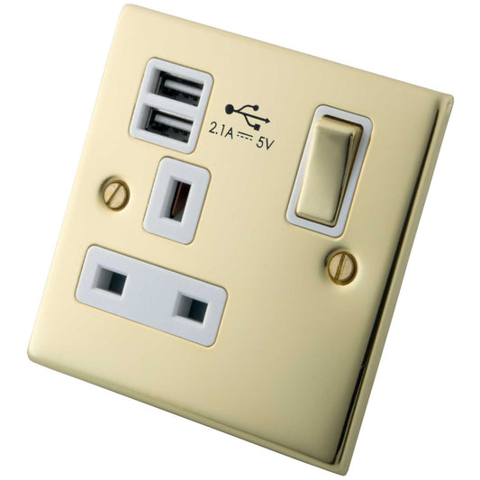 M2 Decorative 13A 1 Gang Switched Socket with Twin USB Outlets White Insert Polished Brass