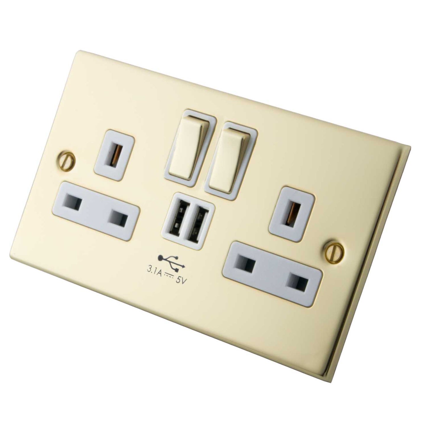 M2 Decorative 13A 2 Gang Switched Socket with Twin USB Outlets White Insert Polished Brass