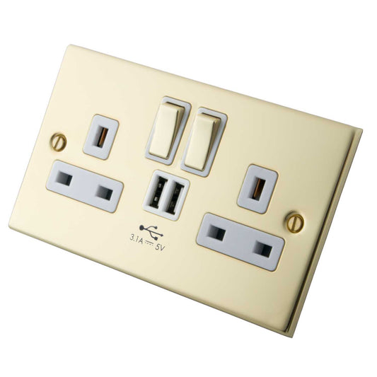 M2 Decorative 13A 2 Gang Switched Socket with Twin USB Outlets White Insert Polished Brass