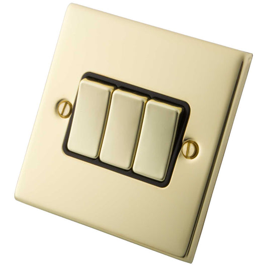 M2 Decorative 10A 3 Gang 2 Way Light Switch Black Insert Polished Brass