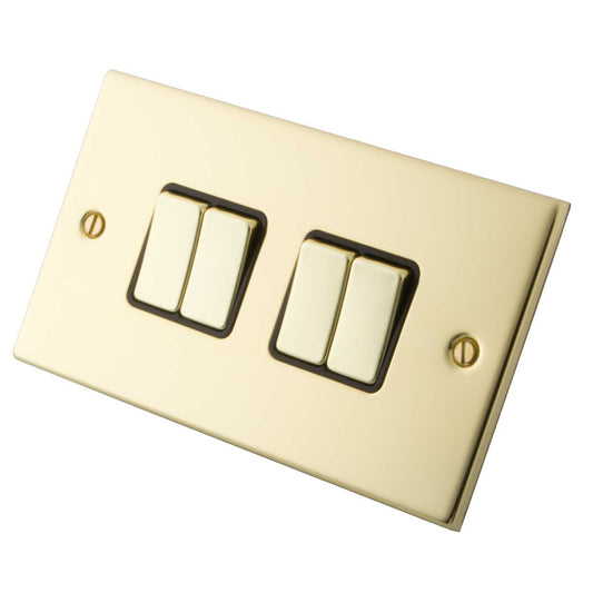 M2 Decorative 10A 4 Gang 2 Way Light Switch Black Insert Polished Brass