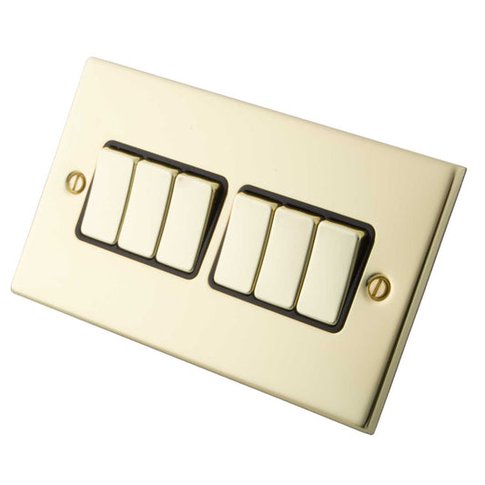 M2 Decorative 10A 6 Gang 2 Way Light Switch Black Insert Polished Brass