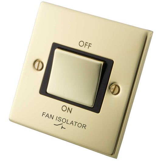 M2 Decorative 10A Triple Pole Fan Isolator Black Insert Polished Brass