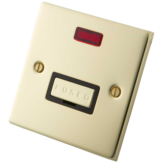M2 Decorative 13A Unswitched Fused Spur With Neon Indicator Black Insert Polished Brass
