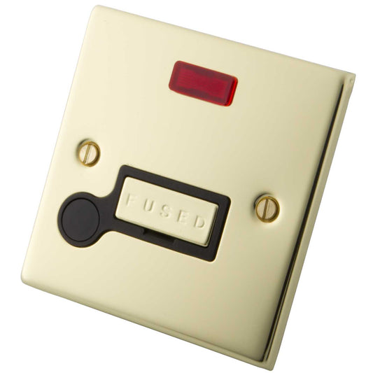 M2 Decorative 13A Unswitched Fused Spur With Neon and Flex Outlet Black Insert Polished Brass