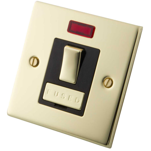 M2 Decorative 13A Switched Fused Spur With Neon Indicator Black Insert Polished Brass