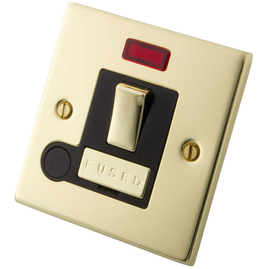 M2 Decorative 13A Switched Fused Spur With Neon and Flex Outlet Black Insert Polished Brass