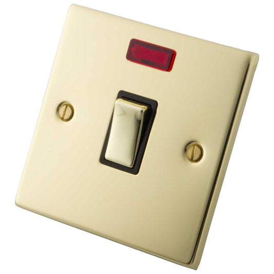 M2 Decorative 20A DP Switch with Neon Indicator Black Insert Polished Brass