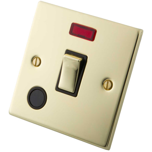 M2 Decorative 20A DP Switch with Neon Indicator and Flex Outlet Black Insert Polished Brass