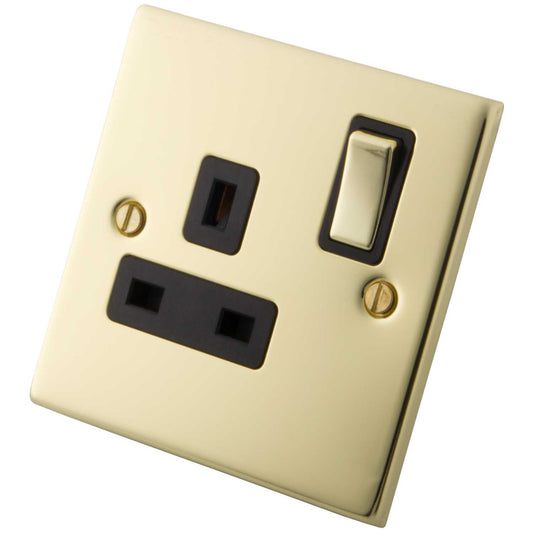 M2 Decorative 13A 1 Gang Switched Socket Black Insert Polished Brass