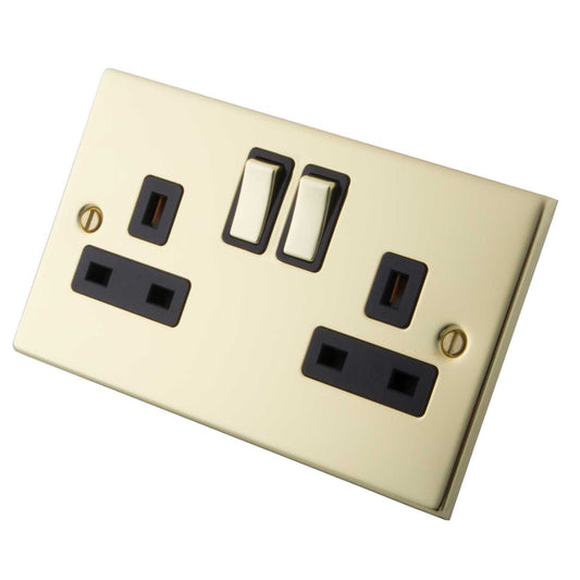 M2 Decorative 13A 2 Gang Double Switched Socket Black Insert Polished Brass