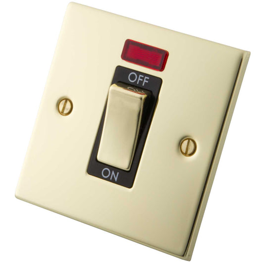 M2 Decorative 45A DP 1 Gang Switch With Neon Indicator Black Insert Polished Brass