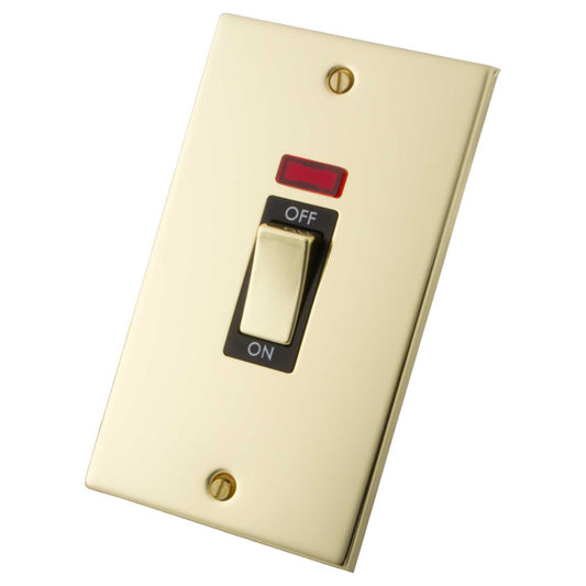 M2 Decorative 45A DP 2 Gang Vertical Switch With Neon Indicator Black Insert Polished Brass