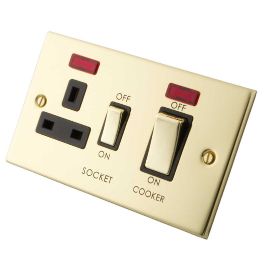 M2 Decorative 45A Cooker Control Unit With Neon Indicator Black Insert Polished Brass