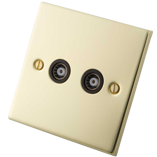 M2 Decorative 2 Gang Coaxial Socket Black Insert Polished Brass
