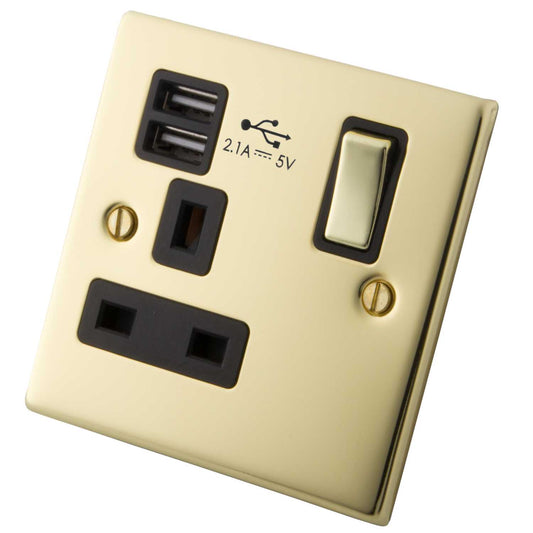 M2 Decorative 13A 1 Gang Switched Socket with Twin USB Outlets Black Insert Polished Brass