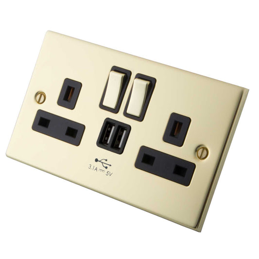 M2 Decorative 13A 2 Gang Switched Socket with Twin USB Outlets Black Insert Polished Brass