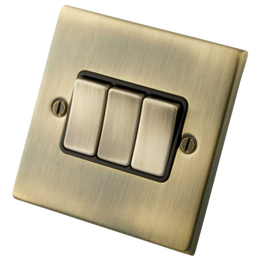 M2 Decorative 10A 3 Gang 2 Way Light Switch Black Insert Antique Brass