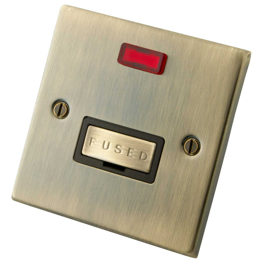 M2 Decorative 13A Unswitched Fused Spur With Neon Indicator Black Insert Antique Brass