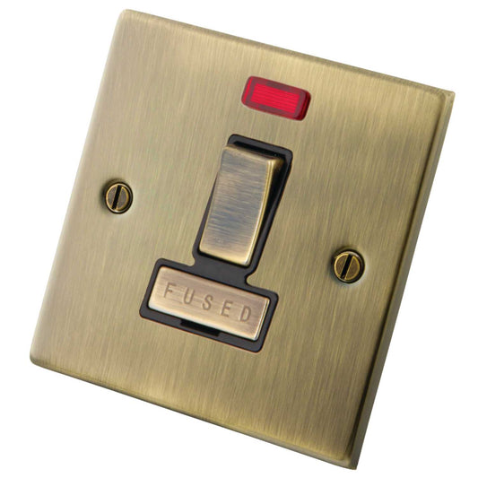 M2 Decorative 13A Switched Fused Spur With Neon Indicator Black Insert Antique Brass