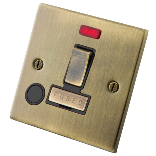 M2 Decorative 13A Switched Fused Spur With Neon and Flex Outlet Black Insert Antique Brass