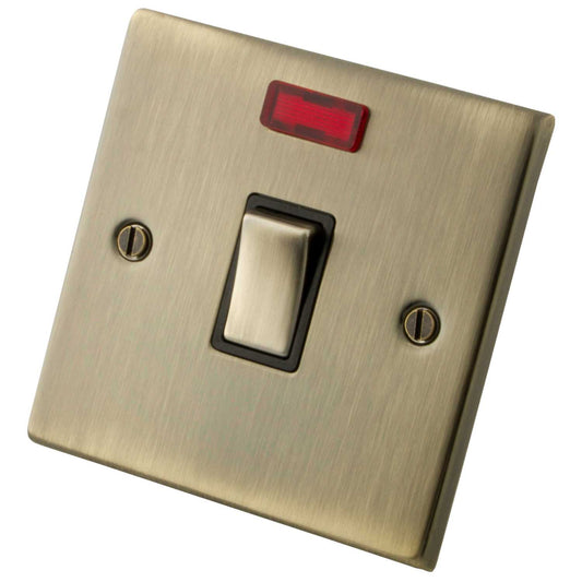 M2 Decorative 20A DP Switch with Neon Indicator Black Insert Antique Brass