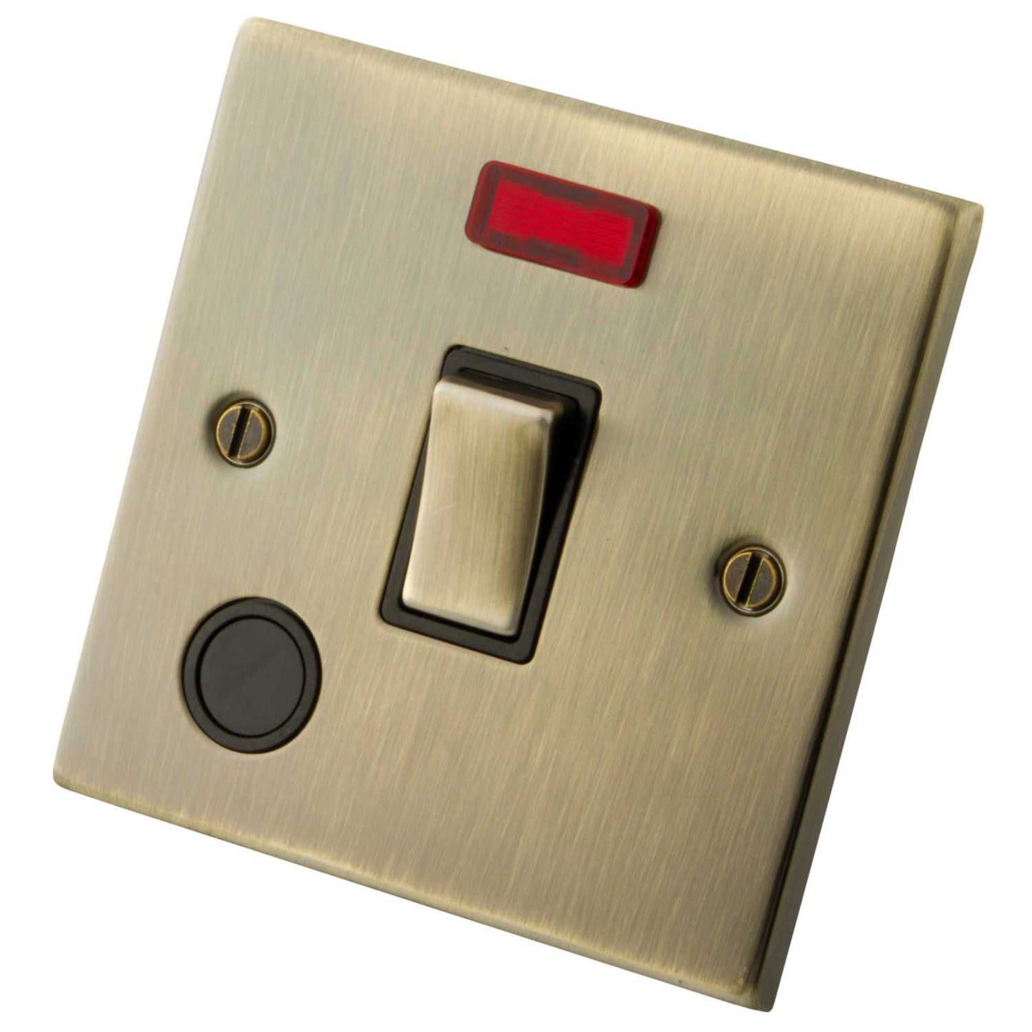 M2 Decorative 20A DP Switch with Neon Indicator and Flex Outlet Black Insert Antique Brass