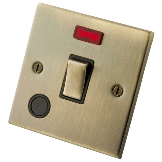 M2 Decorative 20A DP Switch with Neon Indicator and Flex Outlet Black Insert Antique Brass