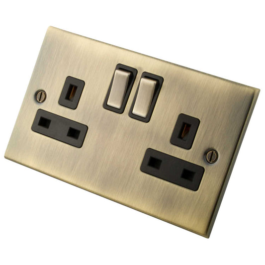 M2 Decorative 13A 2 Gang Double Switched Socket Black Insert Antique Brass