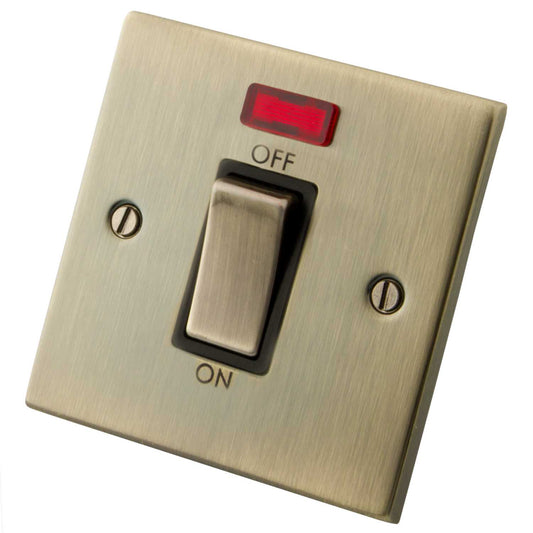 M2 Decorative 45A DP 1 Gang Switch With Neon Indicator Black Insert Antique Brass