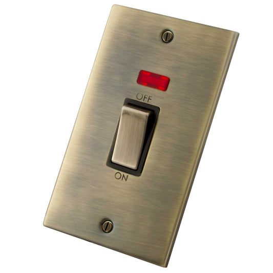 M2 Decorative 45A DP 2 Gang Vertical Switch With Neon Indicator Black Insert Antique Brass