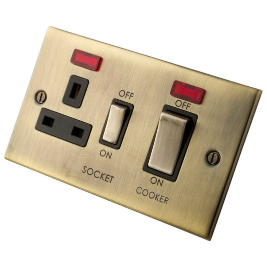 M2 Decorative 45A Cooker Control Unit With Neon Indicator Black Insert Antique Brass