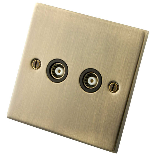 M2 Decorative 2 Gang Coaxial Socket Black Insert Antique Brass