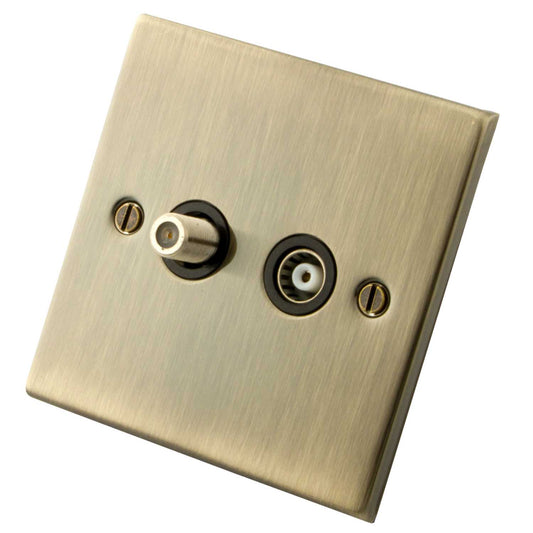 M2 Decorative 1 Gang Satellite and Coaxial Socket Black Insert Antique Brass