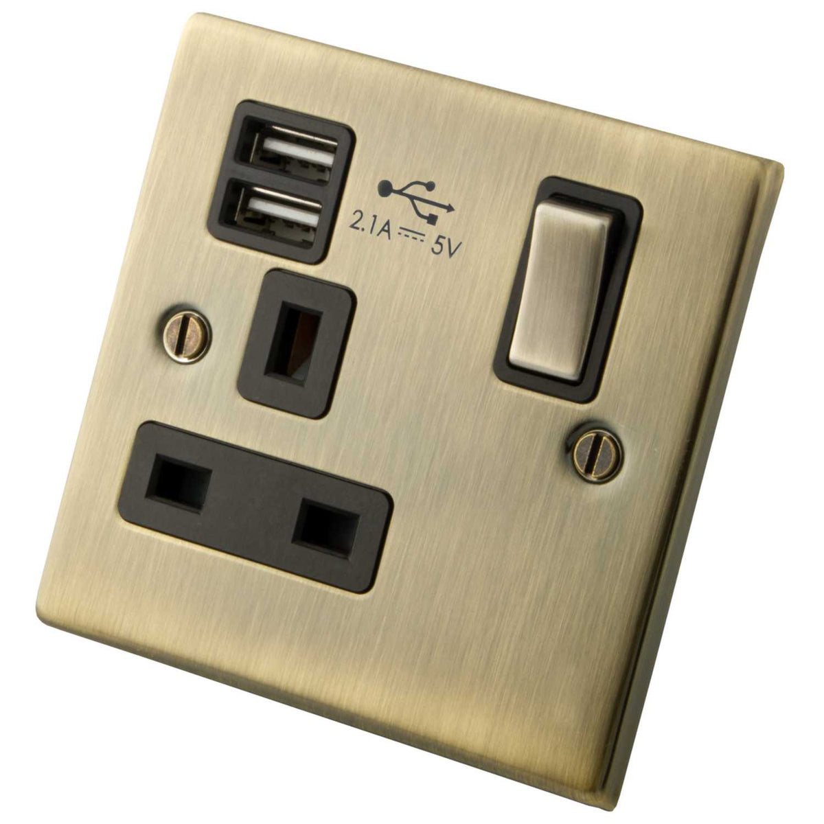 M2 Decorative 13A 1 Gang Switched Socket with Twin USB Outlets Black Insert Antique Brass