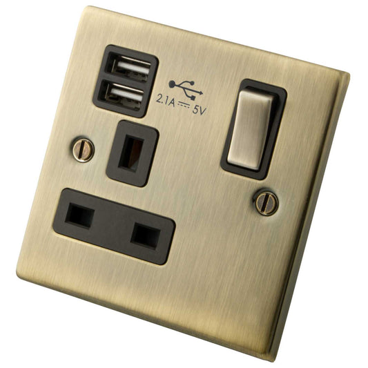 M2 Decorative 13A 1 Gang Switched Socket with Twin USB Outlets Black Insert Antique Brass