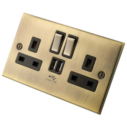 M2 Decorative 13A 2 Gang Switched Socket with Twin USB Outlets Black Insert Antique Brass