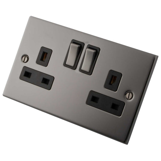 M2 Decorative 13A 2 Gang DP Switched Socket Metal / Black Insert Black Nickel