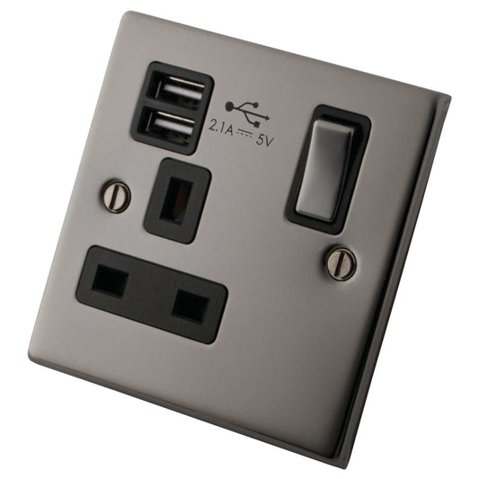 M2 Decorative 13A 1 Gang Switched Socket with Twin USB Outlets Black Insert Black Nickel