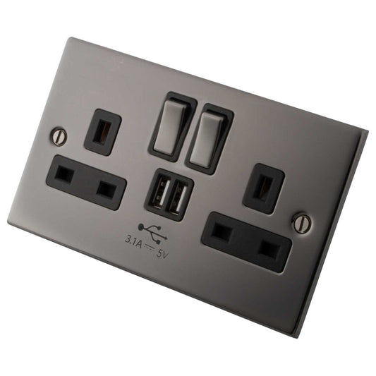 M2 Decorative 13A 2 Gang Switched Socket with Twin USB Outlets Black Insert Black Nickel