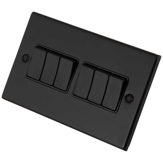 M2 Decorative 10A 6 Gang 2 Way Light Switch Black Insert Painted Matt Black