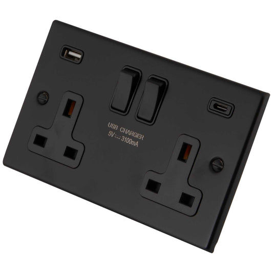 M2 Decorative 13A 2 Gang Socket 1 x Type A and 1 x Type C USB Black Insert Painted Matt Black