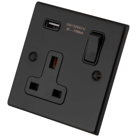 M2 Decorative 13A 1 Gang Switched Socket with USB Outlet Black Insert Painted Matt Black